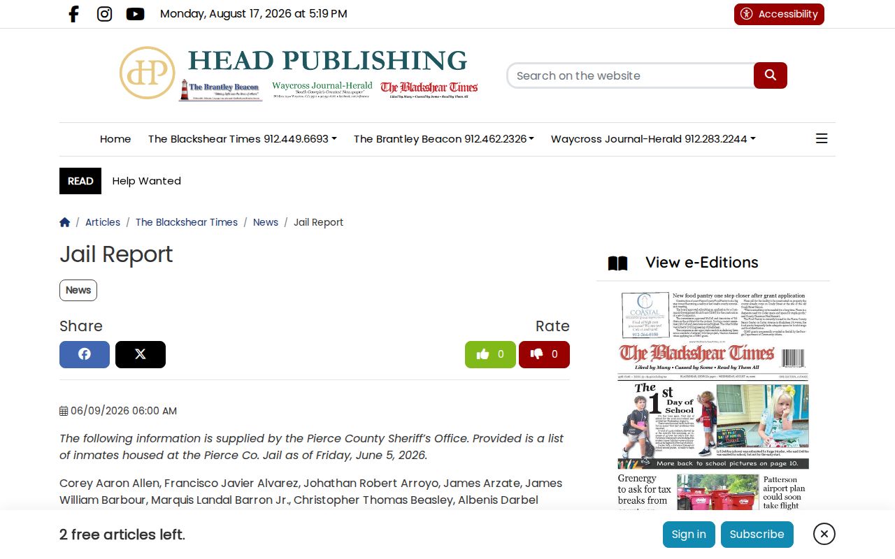 Pierce County Jail Report news page showing a dated custody snapshot