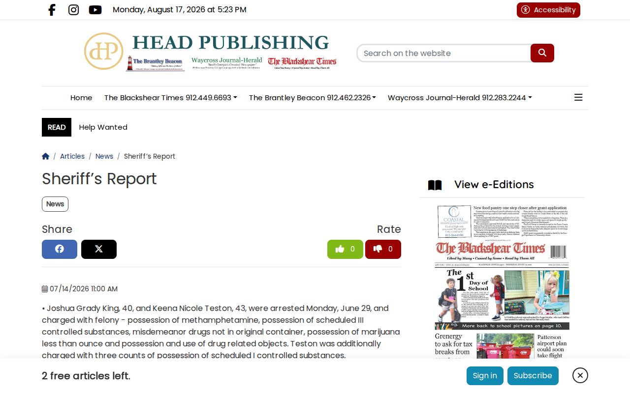 Pierce County Sheriff's Report news page with sheriff-supplied arrest coverage