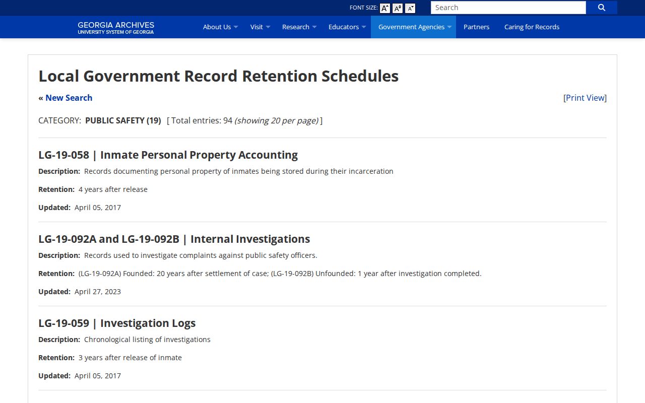 Georgia jail record retention schedule relevant to Pierce County booking records